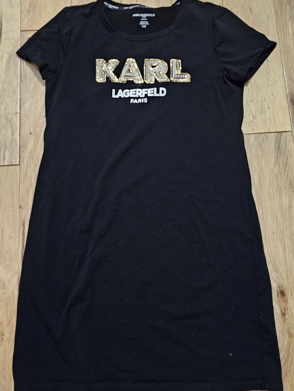 Karl Lagerfeld Black Tee Dress with Gold Sequin KARL Logo